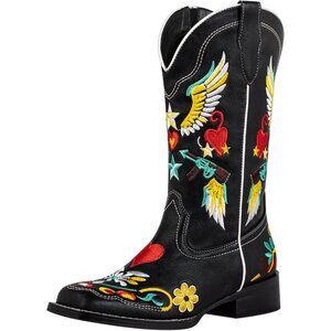 Women's Floral Cowboy Boots Square Toe Fashion Western Boots Wing Star Heart